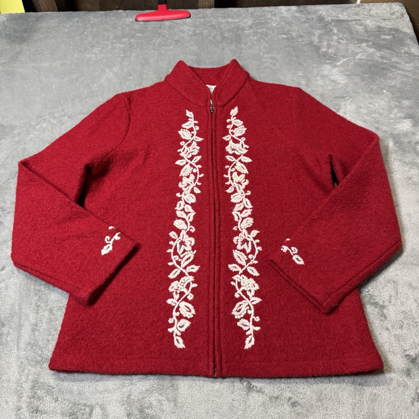 Vintage Coldwater Creek Embroidered Jacket Women Size S Red Wool Zip Sweater